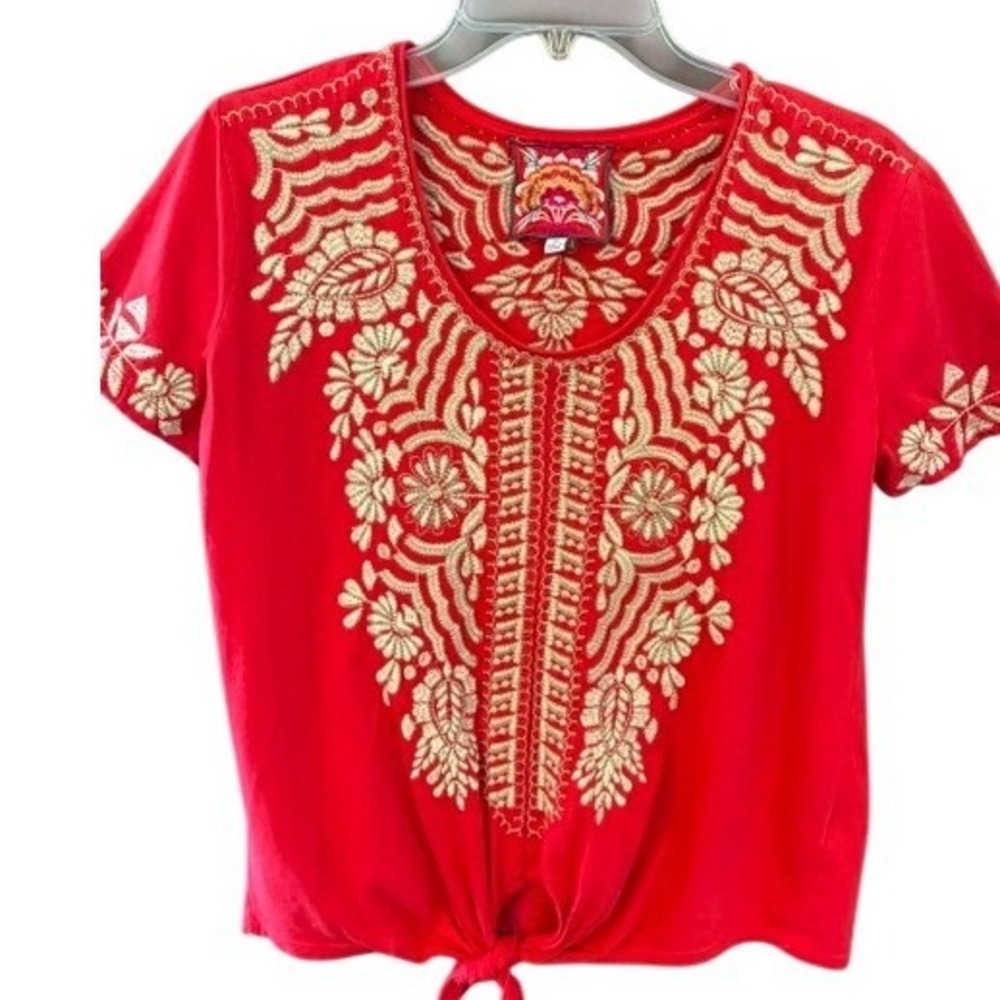 Johnny Was Embroidered Top Women XS Red Excellent Tie Front Short Sleeve Blouse